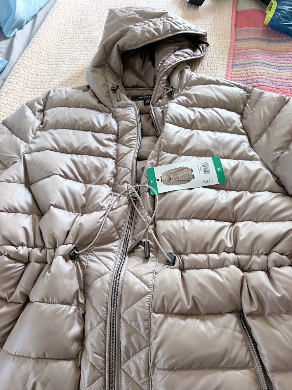 Kenneth Cole Light Taupe Quilted Hooded Puffer Jacket